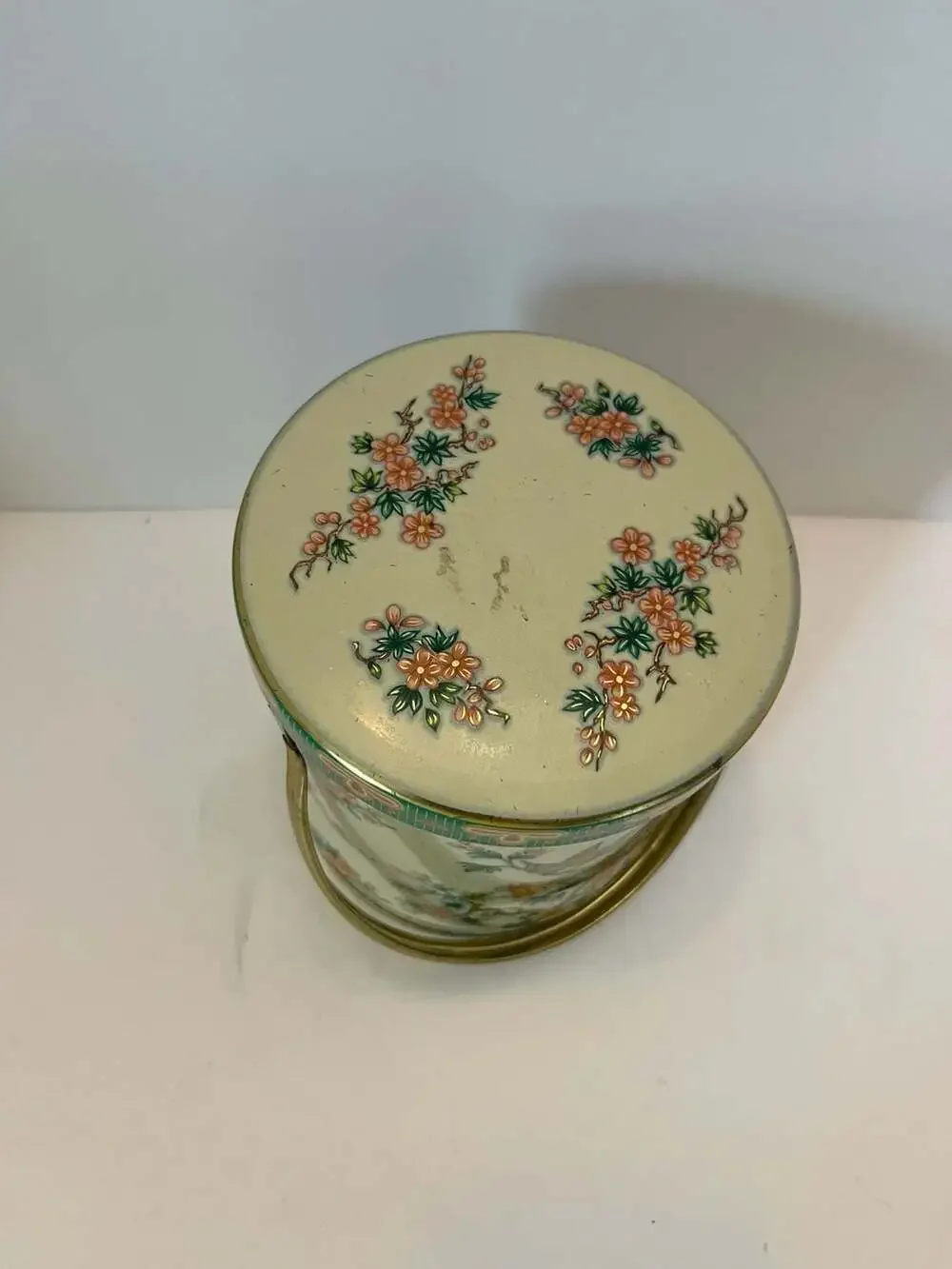 Vintage Daher England Bird Floral Metal Tin Canister w/ Lid Handle Round